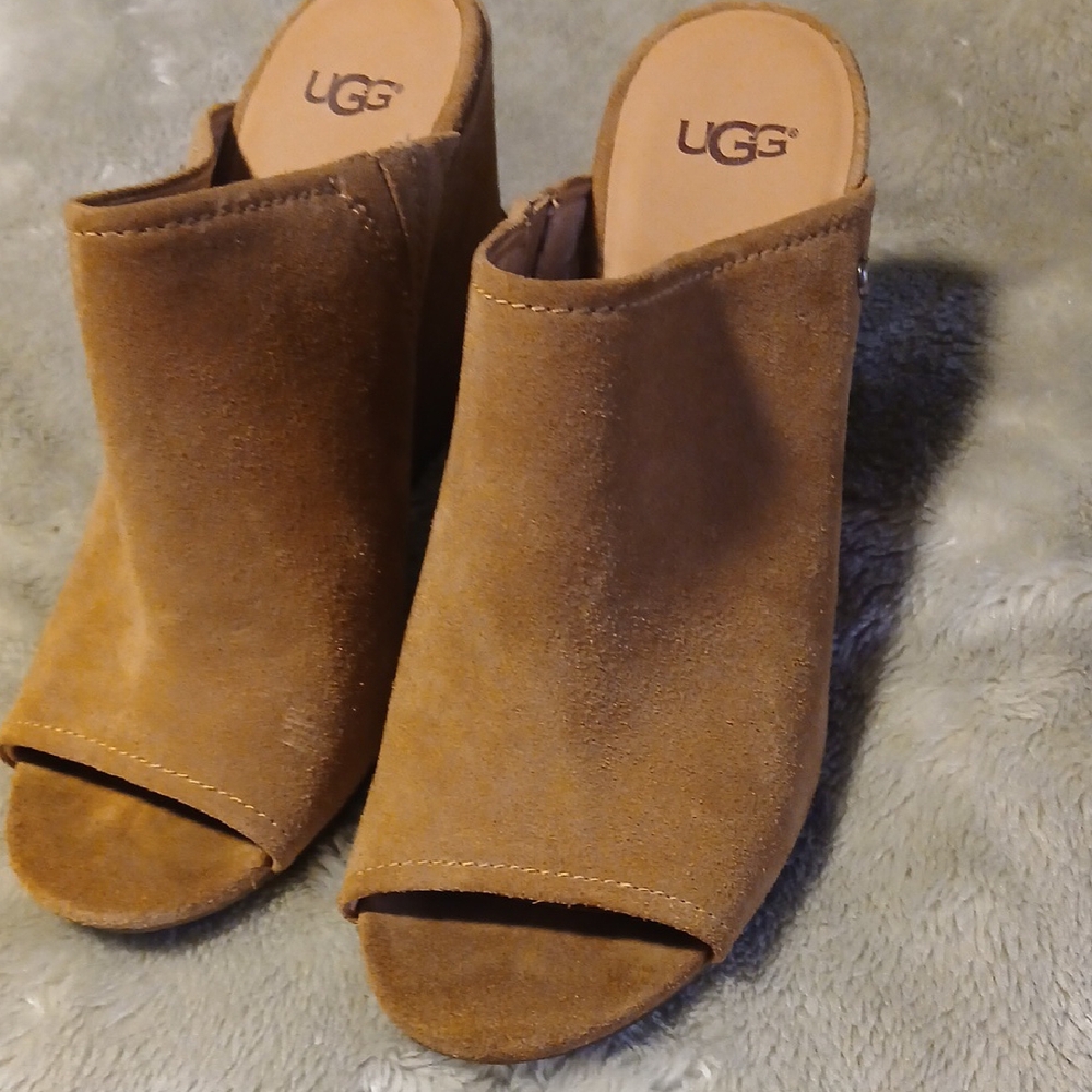 UGG Tan Suede Mules with Chunky Block Heel